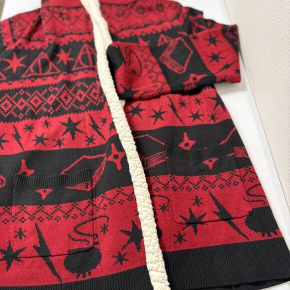 Harry Potter Hot Topic Sherpa Cardigan Hood Womens L Fair Isle Deathly Hallows - Picture 14 of 14